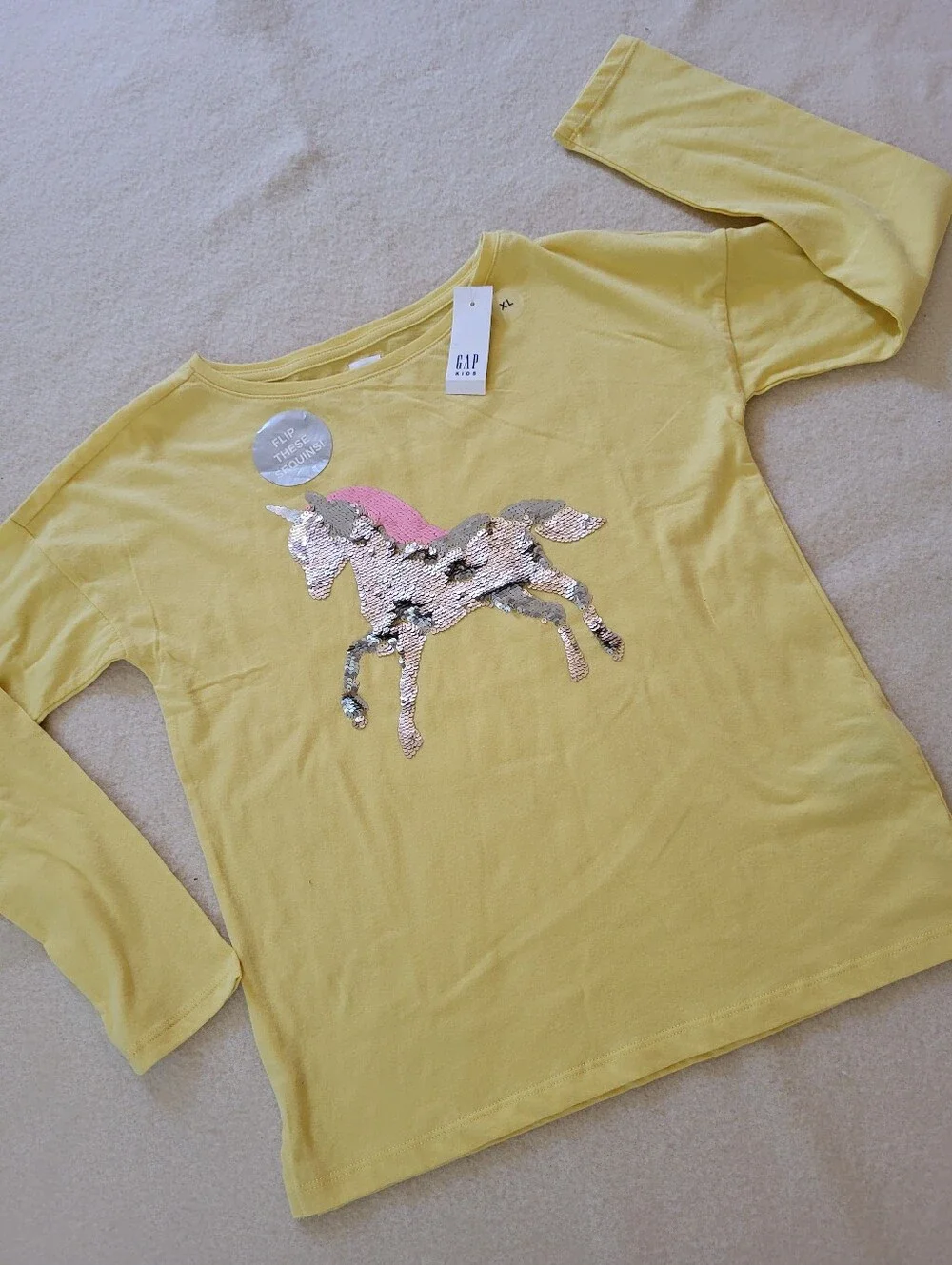 NWT Gap Girls Size XL Top Long-sleeved Yellow Unicorn Sequins Cotton